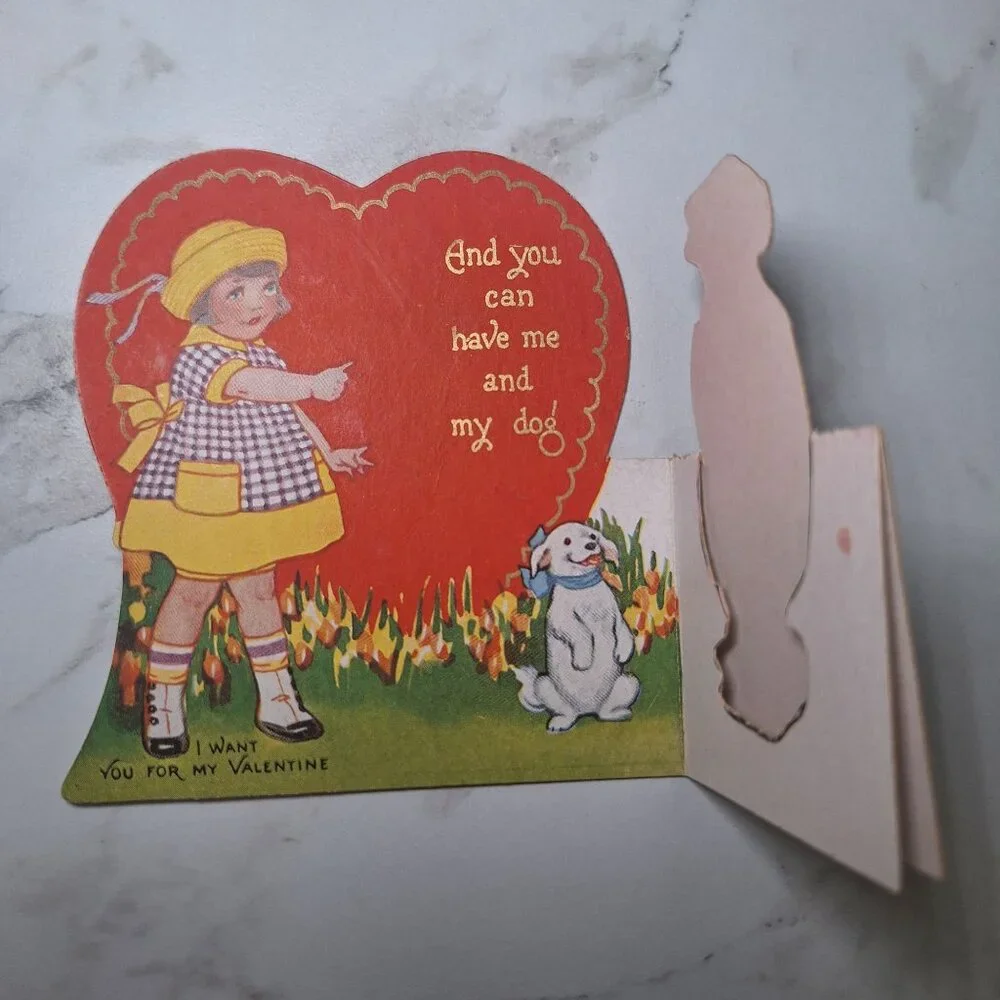 Vintage Valentine‎ Card Kids Dog Pop-Up Heart Cutout Dog Love Kids Boy Girl